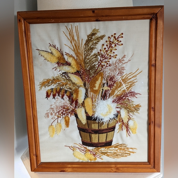 Handmade Other - Vtg MCM Crewel‎ Needle Point Floral Bouquet Picture Large Wall Art 18" x 22"